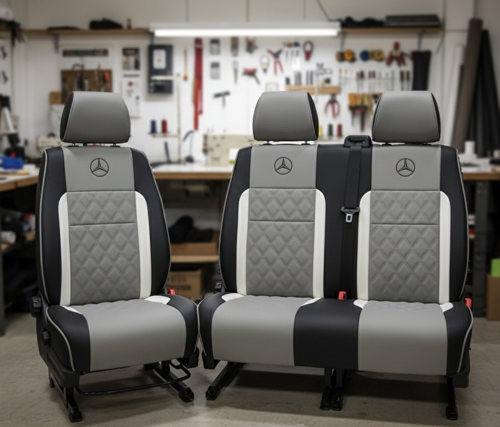 Black and grey Mercedes camper van seats upholstery Blue Note Upholstery